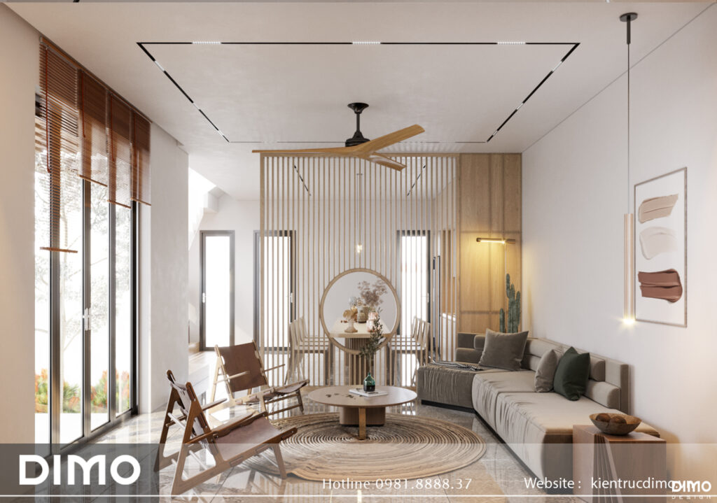 phòng khách và bếp kết nối với nhau giúp không gian trong thiết kế nhà ở 2 tầng mái nhật được rộng rãi hơn